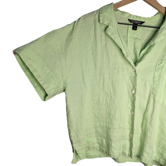 100% Linen Banana Republic Button Up Shirt Boxy Lime Green Blouse Short Sleeve L - Picture 2 of 5